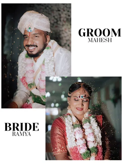 A lovely collage introducing the bride, Ramya, and the groom, Mahesh, on their wedding day.