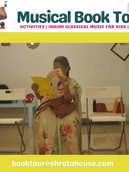 Music is for all ages. A grandmother enjoys reading our "Color & Learn" book while waiting for a session to begin, proving you are never too old to be curious.