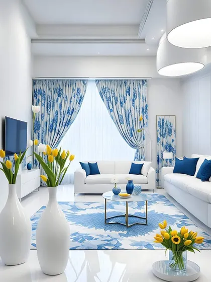 A bright, fresh living room with a white and blue floral theme. The matching curtains and rug tie the whole space together beautifully.