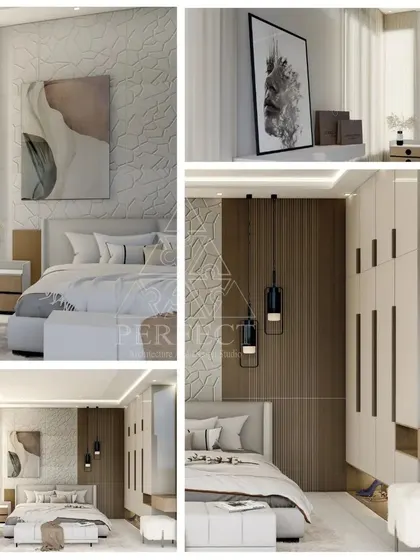 This collage presents a complete vision for a modern master bedroom. Key features include a textured 3D panel behind the bed, a wood-paneled wall with integrated pendant lights, and custom-designed wardrobes. Every angle is considered to create a cohesive and restful environment.