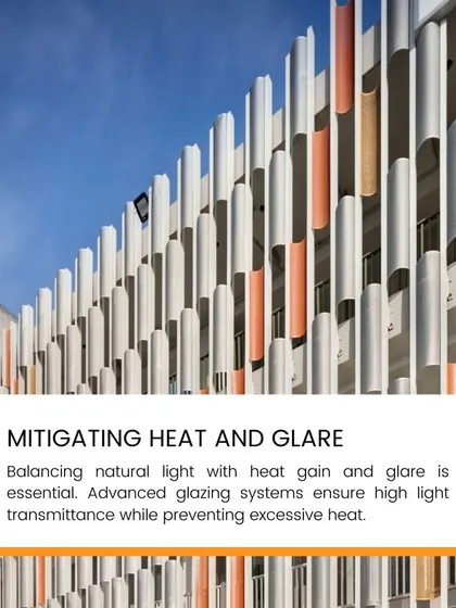 Mitigating heat and glare is essential when designing with large windows. We use advanced glazing systems and architectural features like this perforated metal screen to ensure high light transmittance while preventing excessive heat.
