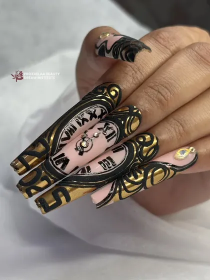 A still image capturing the incredible detail of the hand-painted clock nails, a true testament to patience and a steady hand.
