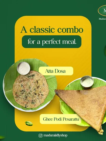 Here we feature two of our specialty dosas: the wholesome Atta Dosa and the flavorful Ghee Podi Pesarattu. Both offer a unique taste while staying true to our traditional roots.