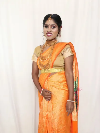 Here are some of the South Indian bridal looks created at my academy. We focus on the traditional temple jewelry, bright silk sarees, and intricate braided hairstyles.