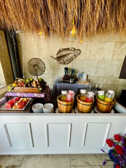A fresh juice and fruit station as part of a larger bar setup. I provide everything needed for a complete beverage program, including non-alcoholic options and fresh garnishes.