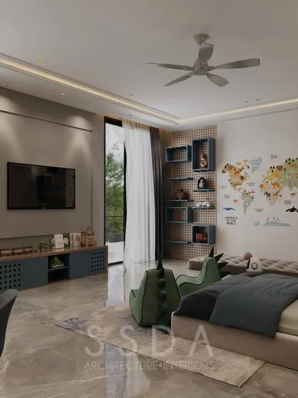 This view of the kids' room highlights the pegboard wall with its adjustable shelving and the TV unit. The design is flexible and intended to grow with the child.