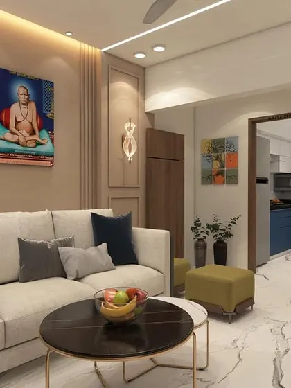 An alternate version of the 1BHK living room render, showing slight variations in decor. This illustrates the customization I offer during the 3D design phase to align with client preferences.