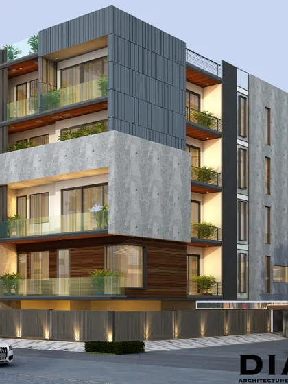 This facade design plays with a composition of solid and void, using a material palette of raw concrete, wood, and dark metal cladding. Each balcony is treated as a small garden, contributing to the building's overall green character.