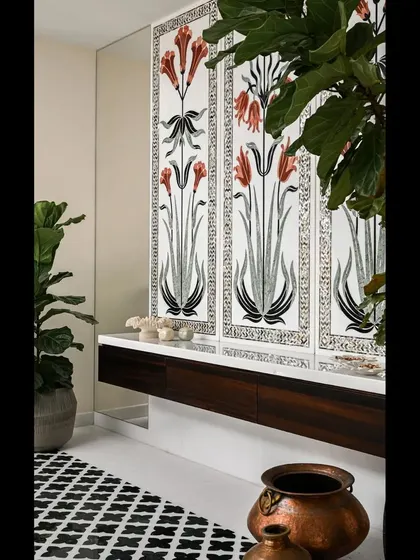 A side view of the mother-of-pearl inlay panel in the home spa. The way the light catches the different pieces showcases the incredible detail and artistry that went into its creation.