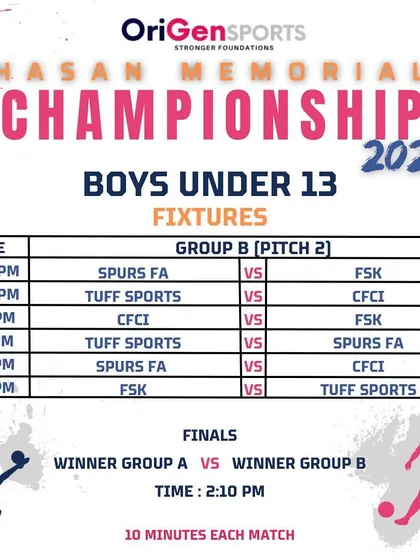 The detailed match schedule for Group B of the Boys U13 category at the Hasan Memorial Championship.