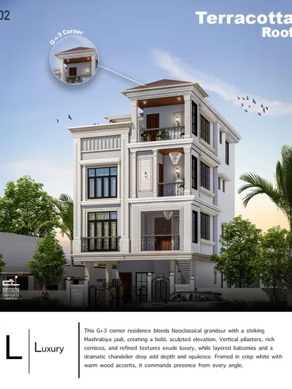 This detail shot highlights the G+3 corner design and the traditional terracotta roof. The design blends Neoclassical grandeur with a striking Mashrabiya jaali, framed in crisp white with warm wood accents.