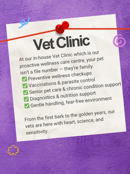 This graphic details the services offered at our in-house Vet Clinic. We are a proactive wellness care center where your pet is treated like family, offering everything from preventive checkups to senior pet care in a fear-free environment.