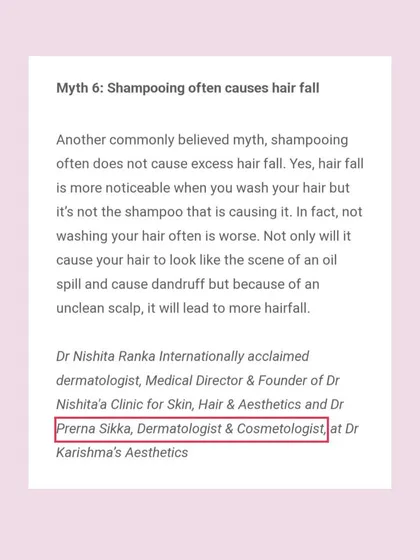 My expert opinion in Brides Today, clarifying that an unclean scalp from infrequent washing is a greater cause of hair fall than the act of shampooing itself.