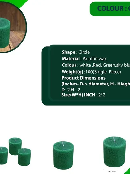 This shows my green 2x2 inch pillar candle, which has a rustic, textured finish. It's a great choice for nature-themed events or eco-friendly decor.
