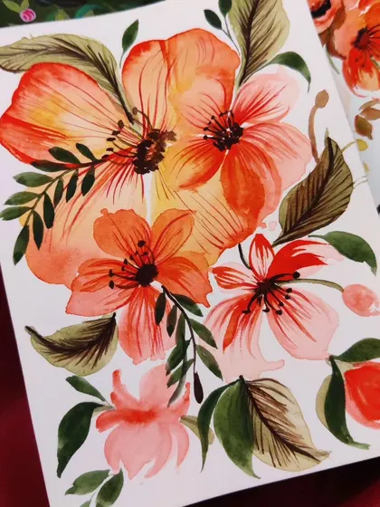 A composition of bold, orange watercolor flowers. This piece is all about vibrant energy and warmth.