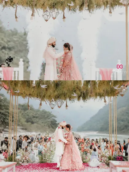 A collage showing the stunning riverside wedding ceremony, capturing the Varmala exchange against the backdrop of the mountains.