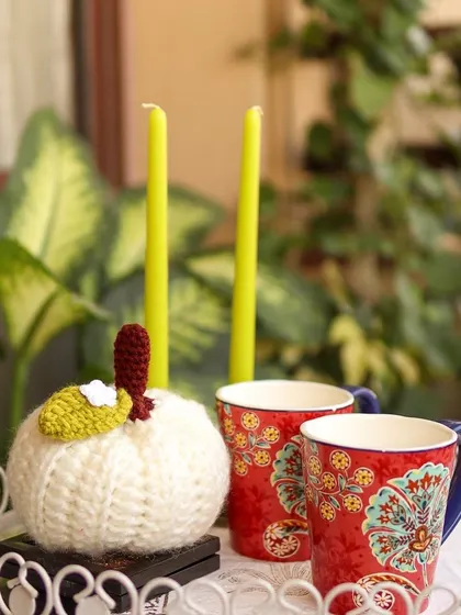 Another cozy coffee moment, made festive with a handmade pumpkin.