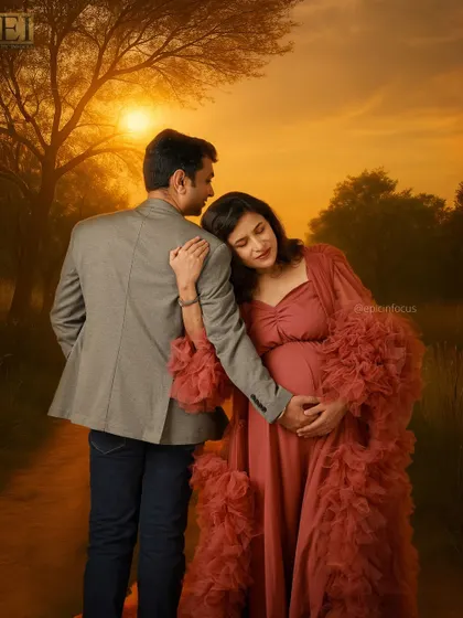 A romantic sunset portrait of the couple. The warm, golden light and the gentle embrace create a dreamy and emotional photograph.