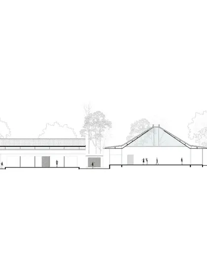 A longitudinal section of the Hoodi Convention Center, illustrating the relationship between the different halls and the flow of space.