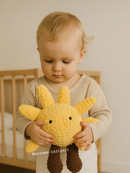 A child holding our crochet sun toy. Its soft texture and friendly face make it an instant favorite for little ones. We ensure all our toys are made with baby-safe materials.