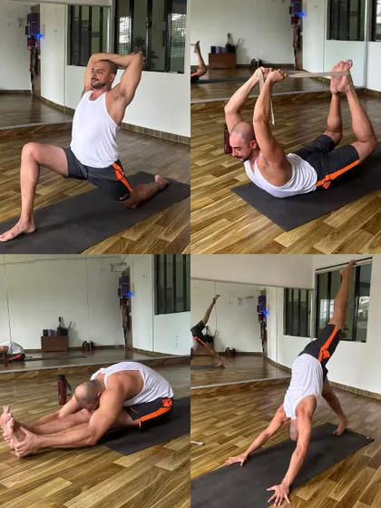 A collage showcasing the consistency and progress of one of my students. He works on a range of poses from deep stretches to advanced inversions.