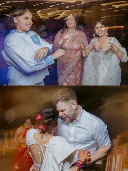 A two-panel shot capturing the energy of the reception dance floor. The motion blur effect highlights the fun and movement of the couple and their guests.