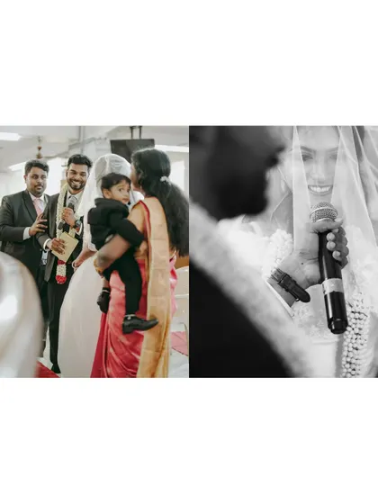 A diptych from a Christian wedding, showing the couple during the service and the bride speaking, capturing both solemn and personal moments.