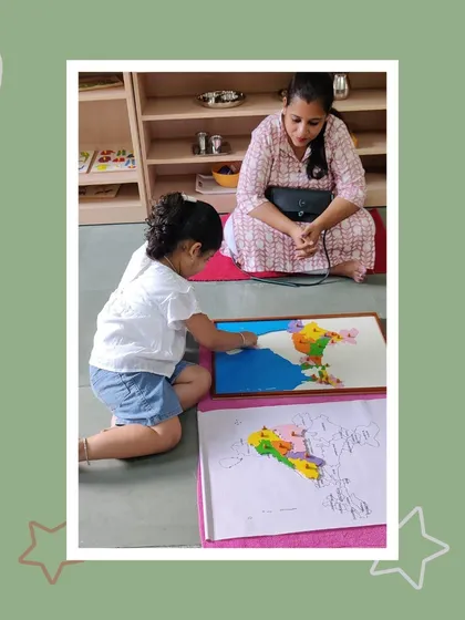 Viha uses a map puzzle to explain the states of India to her mother. This activity builds geographical knowledge and fine motor skills simultaneously.