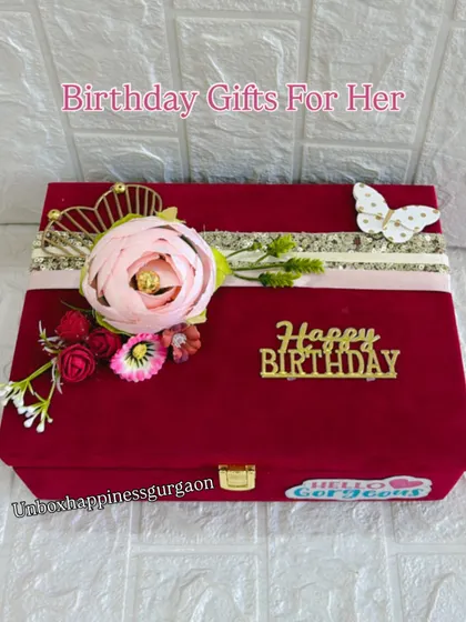 Another angle of the decorated birthday box, showing the intricate floral and butterfly details on the lid.