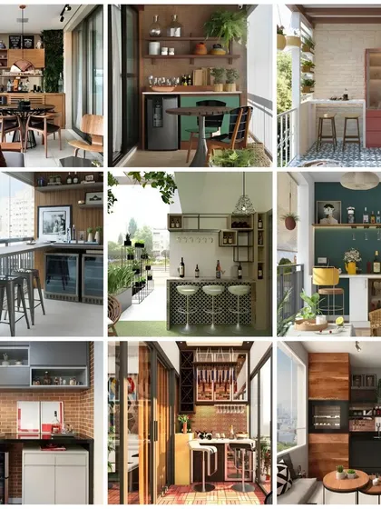 This collage showcases nine different ideas for creating a bar or coffee nook on a balcony, from simple railing bars to more elaborate setups with mini-fridges and storage.
