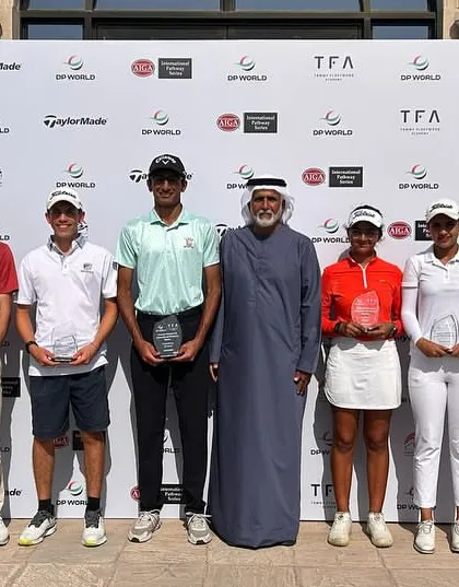Mahreen Bhatia pictured with fellow winners and officials at the Tommy Fleetwood International Pathway Series in Abu Dhabi. She earned the Runner-up position at this prestigious DP World Tour event.