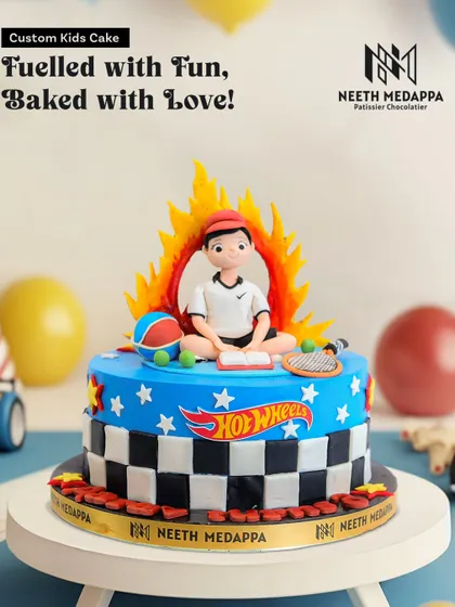 Fueled with fun, baked with love. This Hot Wheels cake combines a love for racing and sports with a custom character topper.