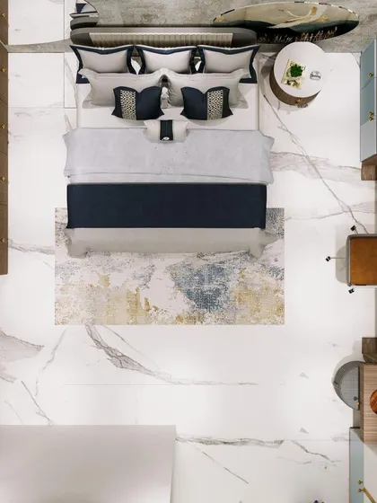 An overhead layout view of the bedroom, showing the efficient placement of furniture to maximize space.