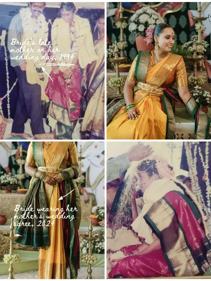 Then and Now: A beautiful comparison of the bride's late mother wearing her Kanjeevaram in 1994, and our bride, Manisha, wearing the same saree draped as a second layer for her Pradhanam in 2024.