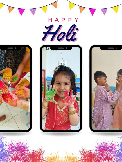 A child shows off her colorful hands during our Holi celebration. This festival is a wonderful opportunity for creative expression and joyful, messy play.