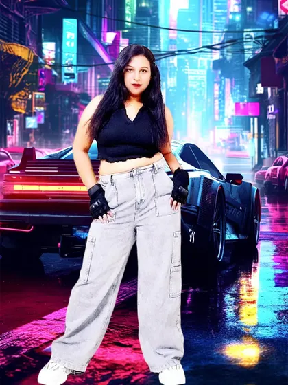 A stylized, futuristic shot with a neon city background. This look is for when I'm feeling bold and ready to shine bright.
