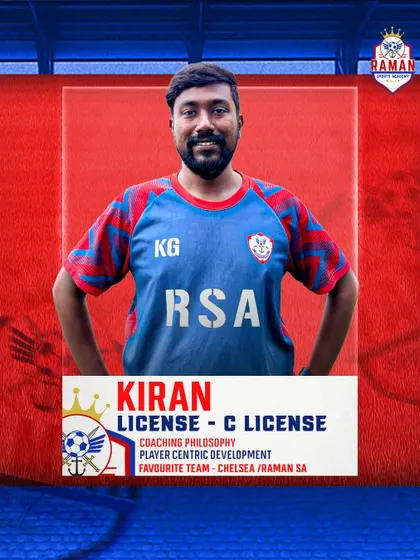 This is Coach Kiran, a 'C' License holder with a player-centric coaching philosophy. He focuses on understanding each player's individual needs to help them unlock their full potential on the field.