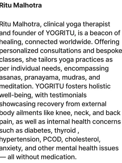 A snippet from the India Today article describing my work as a clinical yoga therapist and founder of Yogritu. It highlights my approach of offering personalized consultations and bespoke classes for holistic well-being.