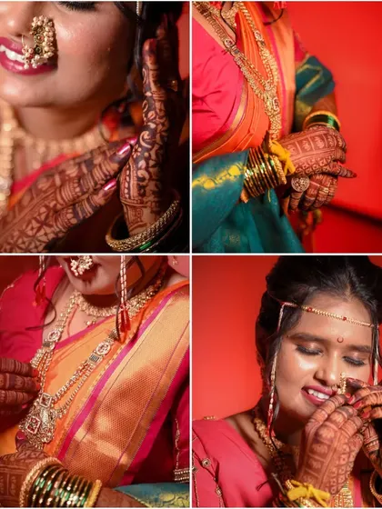 A detailed collage focusing on the bride's jewelry, henna-covered hands, and joyful expressions.