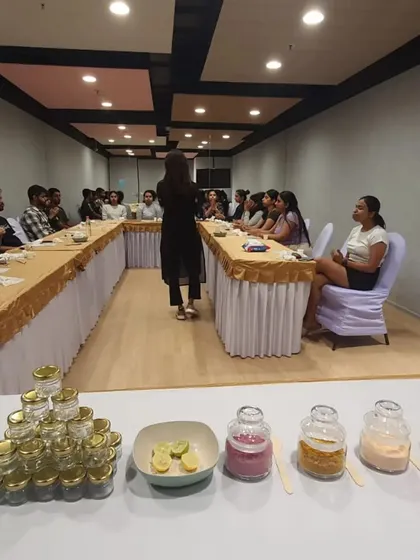 The setup for my workshop on natural skincare at D.E. Shaw. I teach employees how to use simple, natural ingredients like lemon and various powders to create their own healthy face packs.