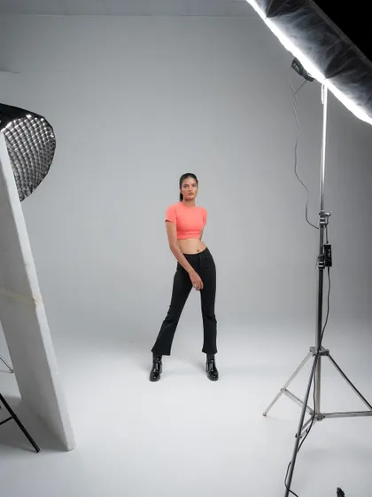 A behind-the-scenes look at a shoot for Druscilla Fashion, showing the lighting setup on our white cyclorama.