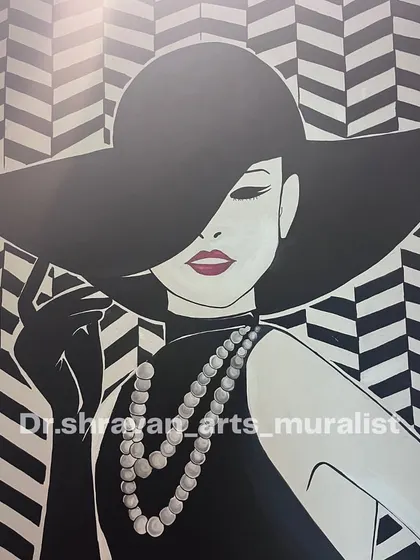 Embracing nostalgia with this retro-inspired mural. The black and white design, featuring a classic Hollywood-style figure, brings a timeless charm and a touch of vintage glamour to the wall.
