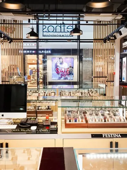 The view from the central cashier's desk, looking out towards the entrance. This central point gives staff a clear overview of the entire store.