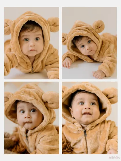 A collage of expressions from the "Baby Bear" session. It shows the range of adorable faces a baby makes, from curious to smiley.