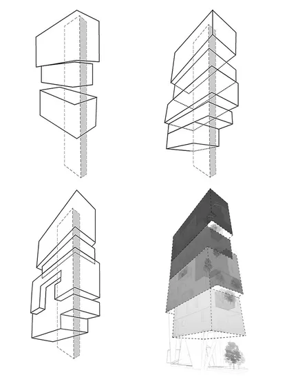 These diagrams for the J-House illustrate the adaptation of three indigenous elements: the Courtyard, the Verandah, and the Jaali. The building's form evolved through iterations of these three passive design strategies.