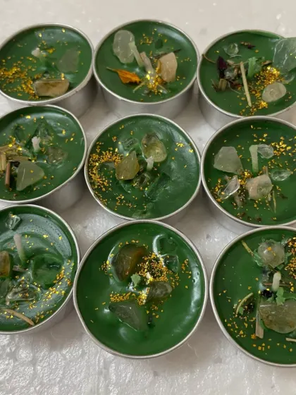 These green crystal tealights are like tiny flames of nature's glow. I've filled them with green aventurine and other healing stones to bring calm and prosperity.