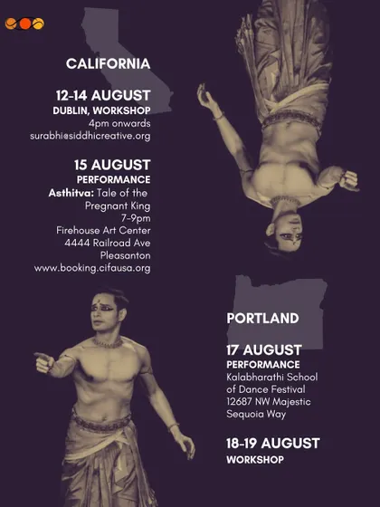 A detailed schedule for our California and Portland tour dates, including workshops and the premiere of 'Astithva: Tale of the Pregnant King'.