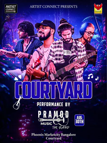 A promotional poster from our performance at the Courtyard in Phoenix Marketcity, Bangalore. We are experienced in playing at major commercial venues.