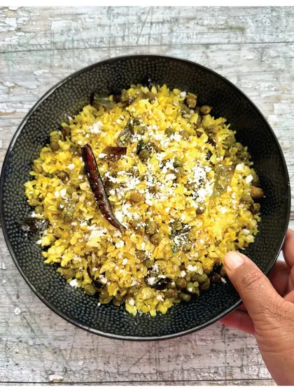 Chholiye Pohe from Kolhapur, a recipe that has traveled with a family from Maharashtra to Delhi and then to the UK, adapting to local ingredients along the way.
