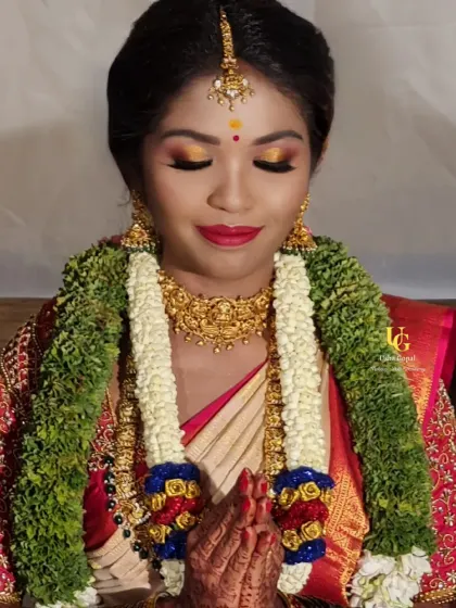 A beautiful Tamil bride ready for her ceremony. The look features warm, sunset-toned eyeshadow and traditional jewellery.